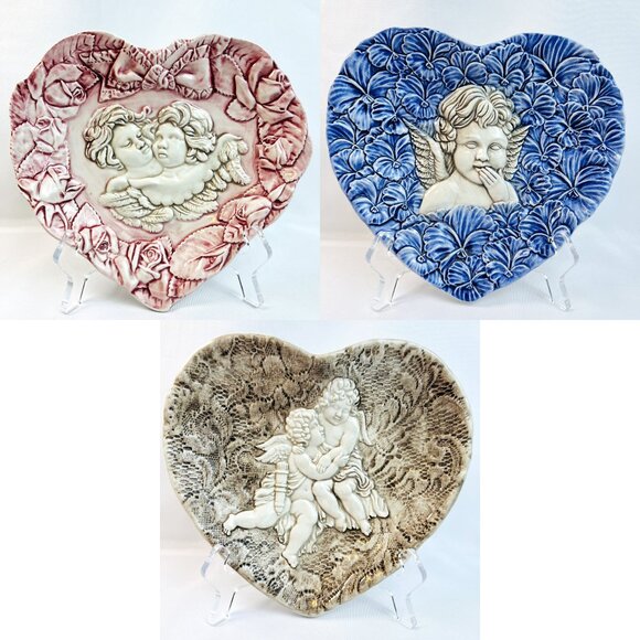 Italian Pottery Vintage Heart Plate Embossed Angel Cherubs *Your Choice* - Picture 1 of 9